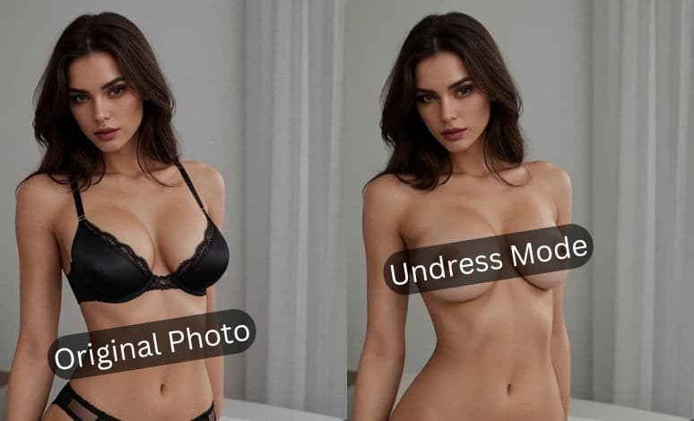 UndressHer AI interface showing before-and-after undressing result